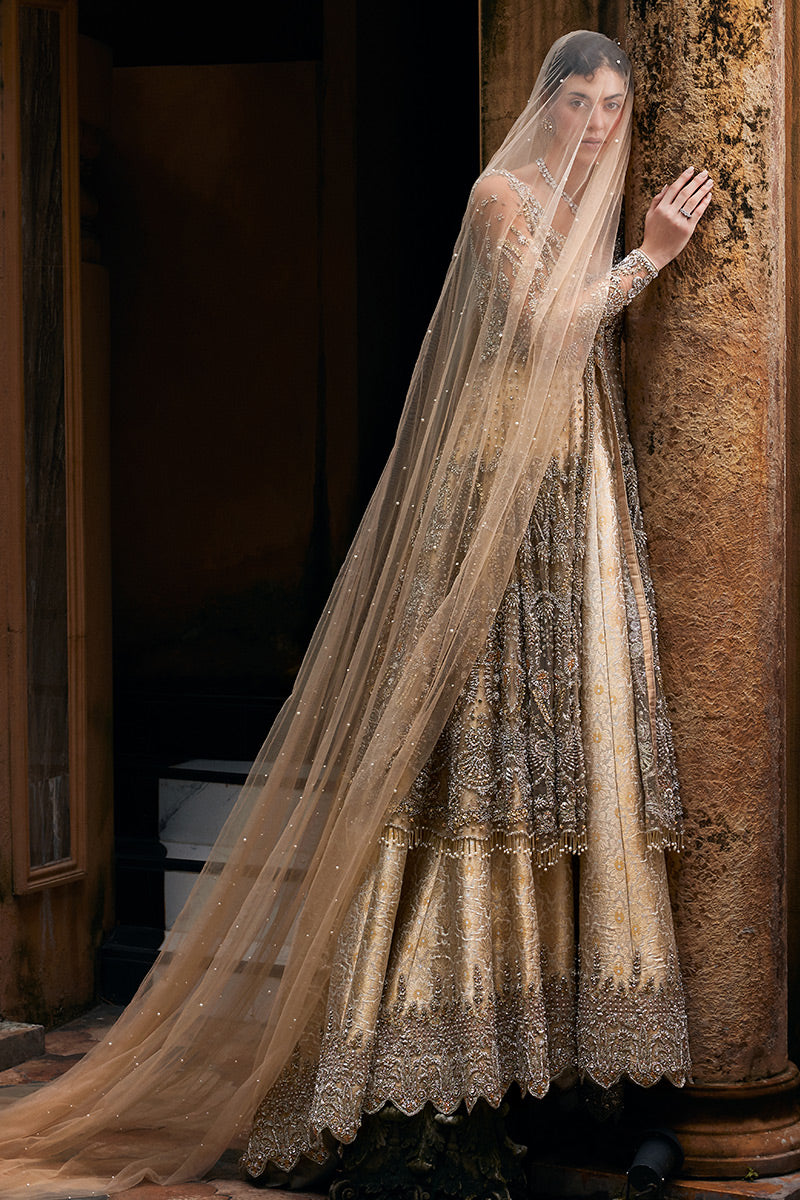Pakistani Beige Zardozi Net Bridal Gown (2-Piece) - Image 8
