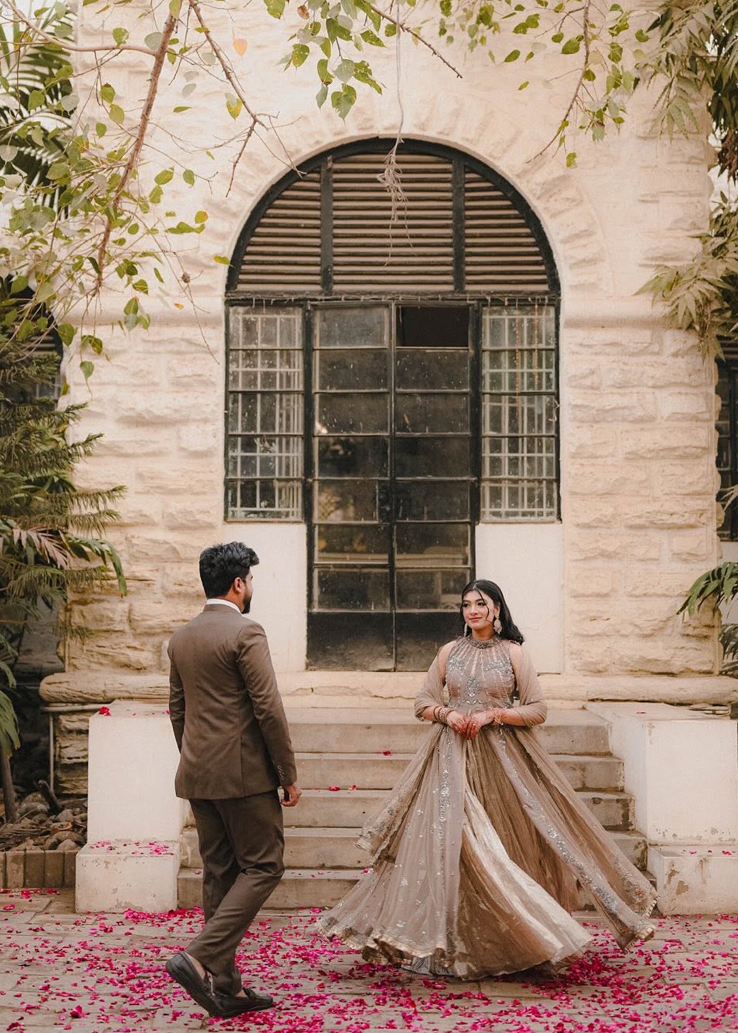 Taupe Embellished Net Bridal Gown (2-Piece) - Image 3