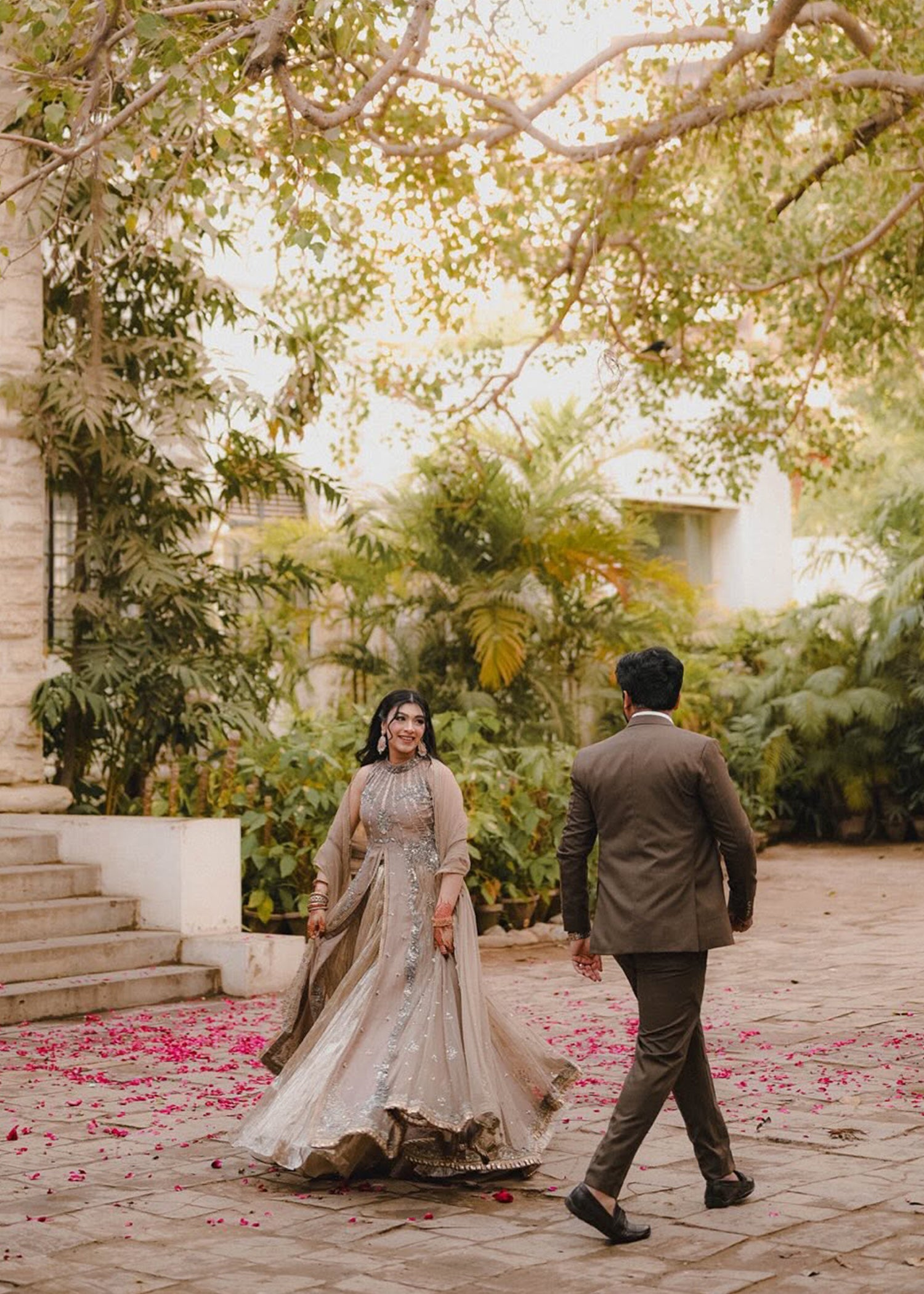 Taupe Embellished Net Bridal Gown (2-Piece) - Image 4