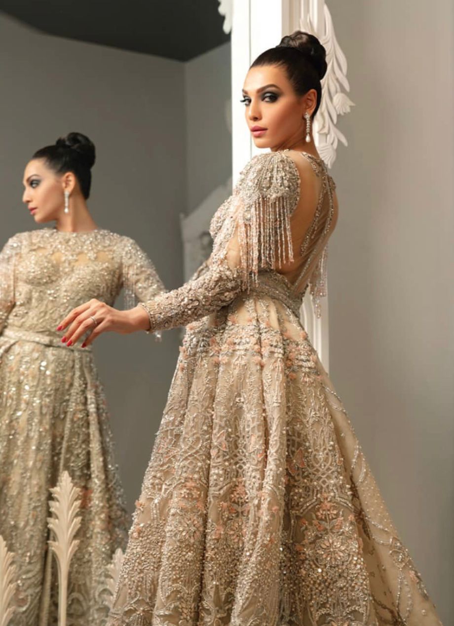 Beige Hand-Embellished Organza Silk Bridal Gown (2-Piece) - Image 6