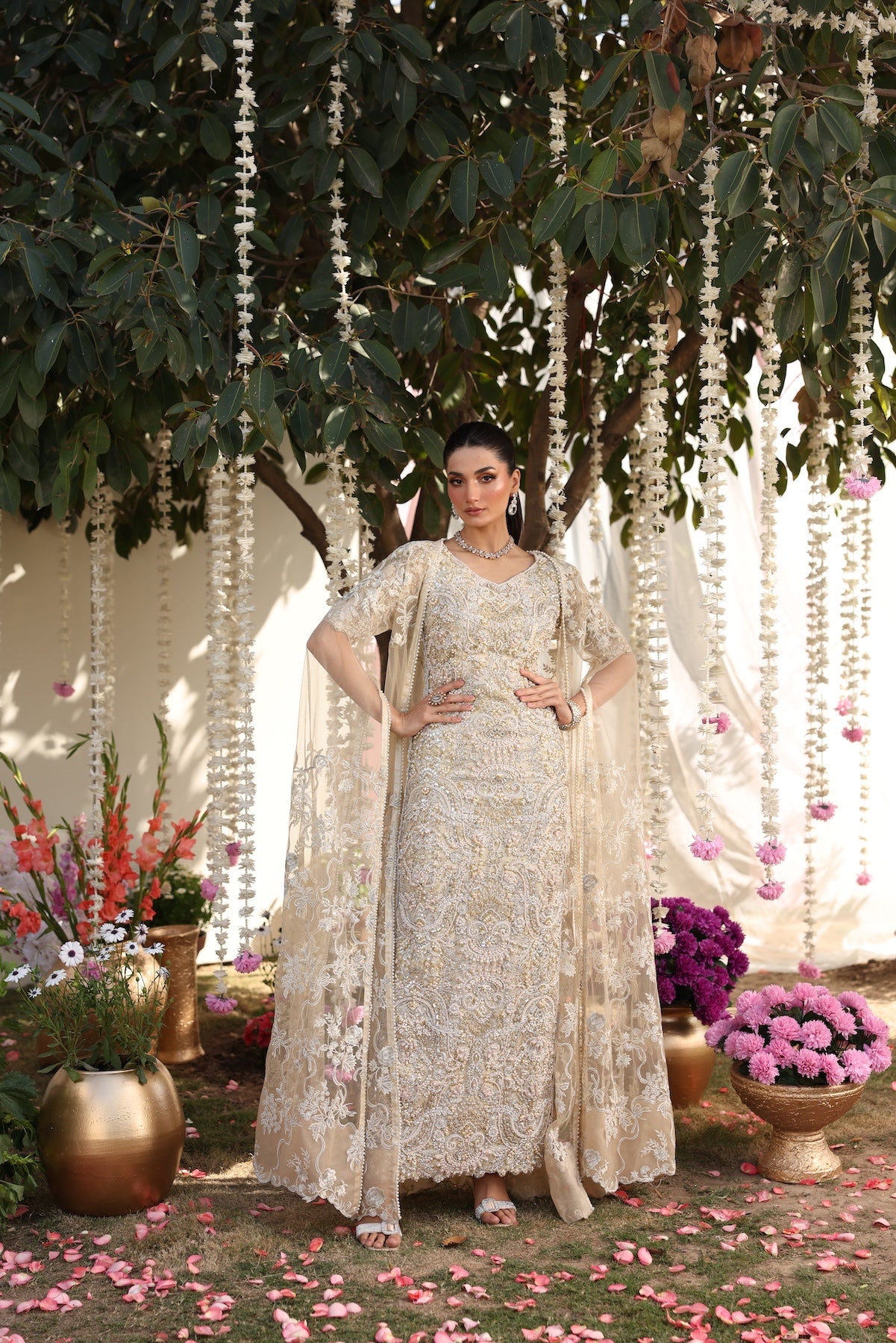 Pakistani Beige Embroidered Organza Gown (3-Piece) - Image 1