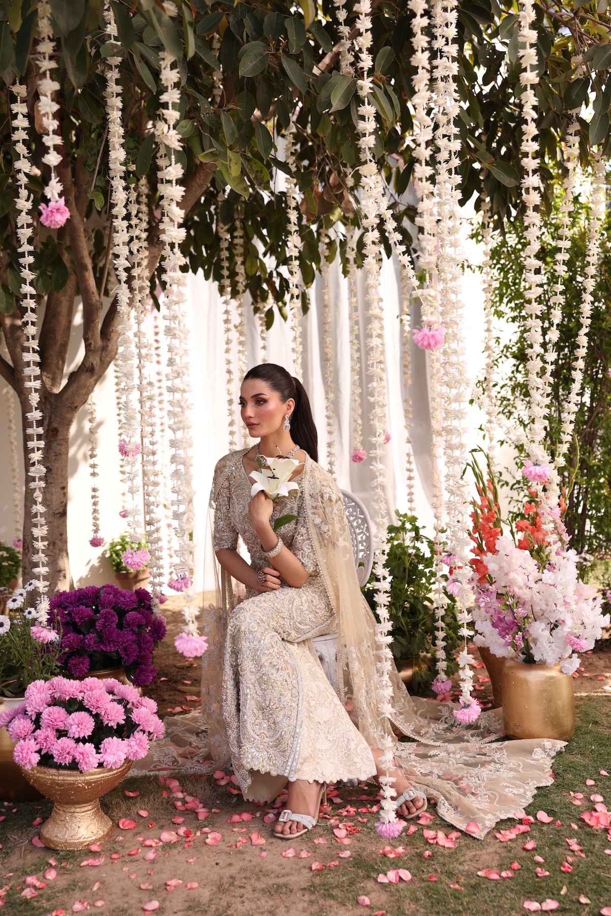 Pakistani Beige Embroidered Organza Gown (3-Piece) - Image 10