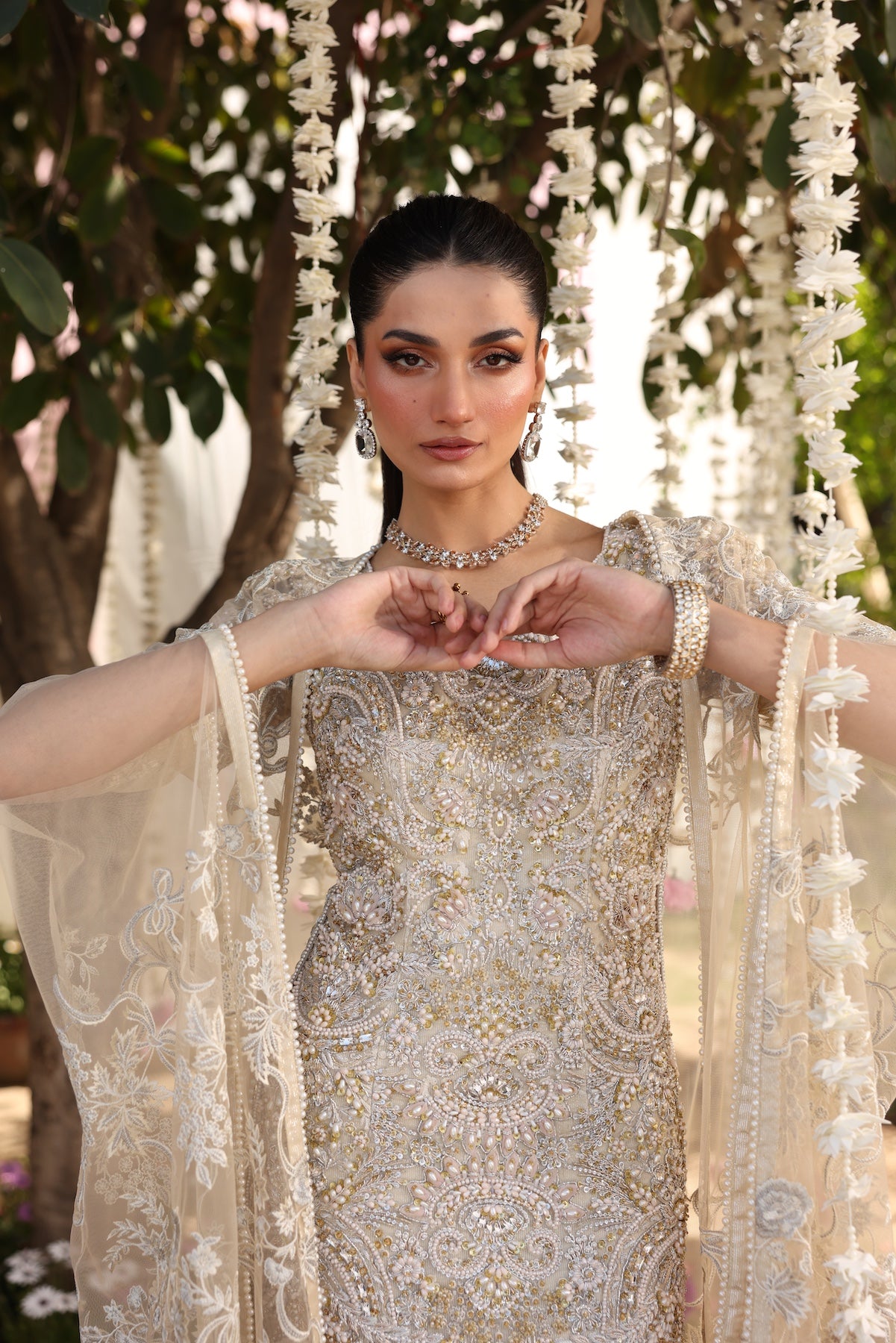 Pakistani Beige Embroidered Organza Gown (3-Piece) - Image 12