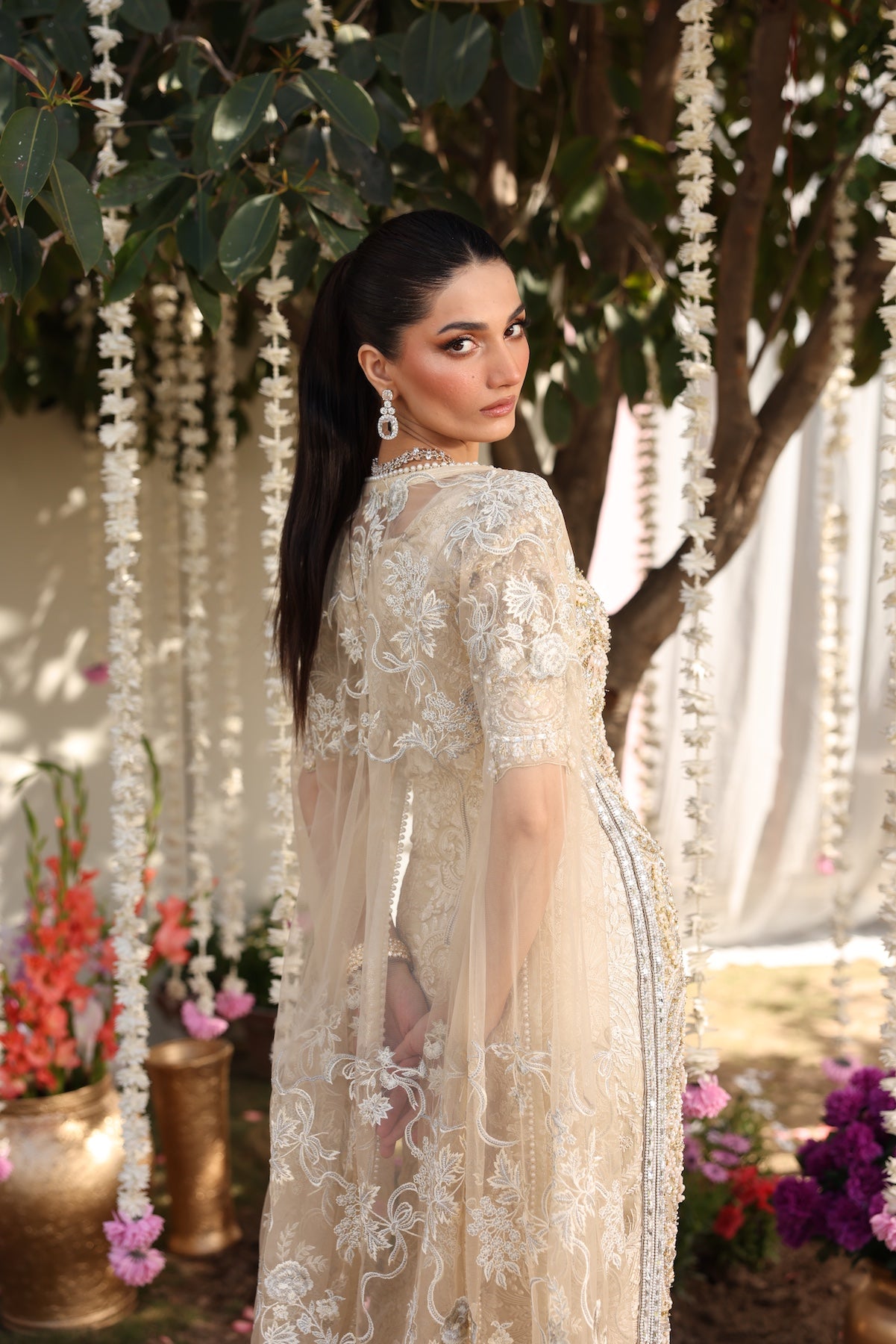 Pakistani Beige Embroidered Organza Gown (3-Piece) - Image 13