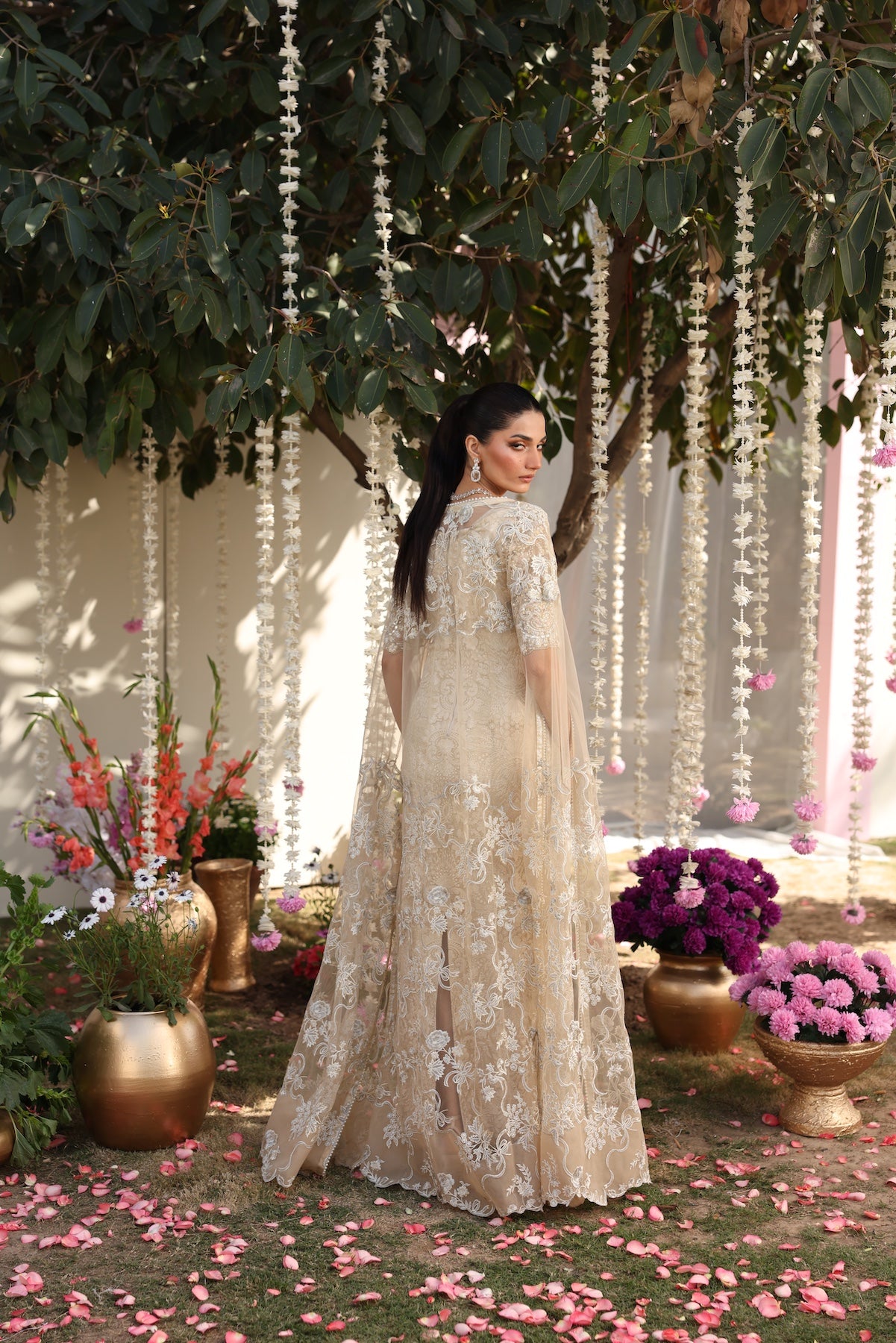 Pakistani Beige Embroidered Organza Gown (3-Piece) - Image 14