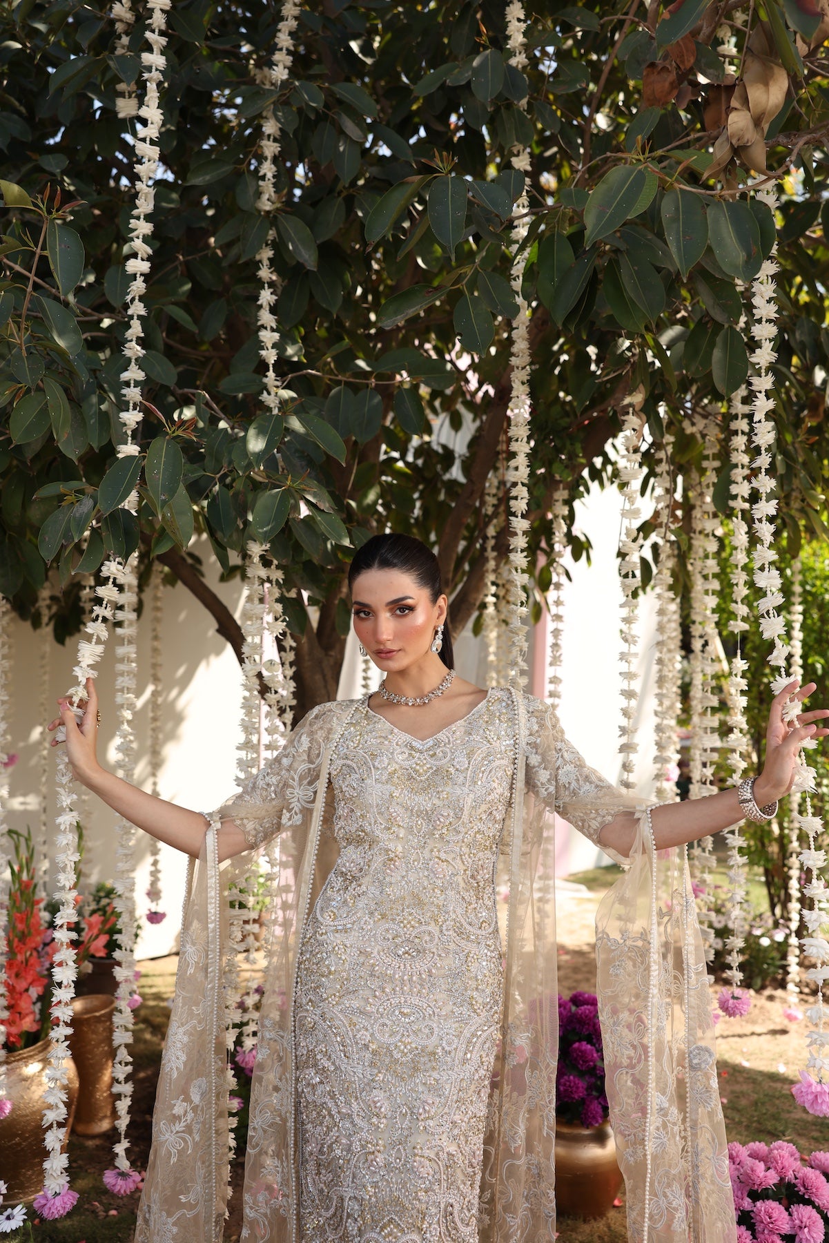 Pakistani Beige Embroidered Organza Gown (3-Piece) - Image 3