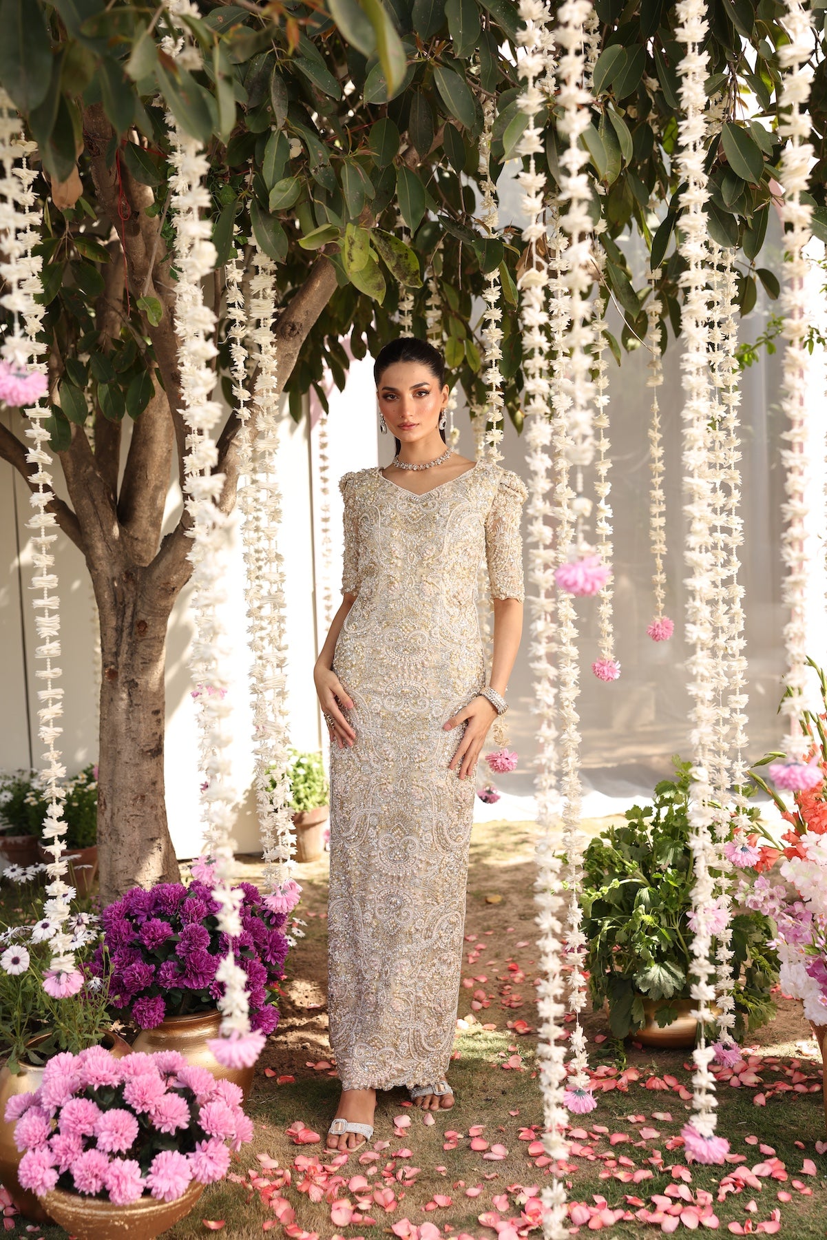 Pakistani Beige Embroidered Organza Gown (3-Piece) - Image 4