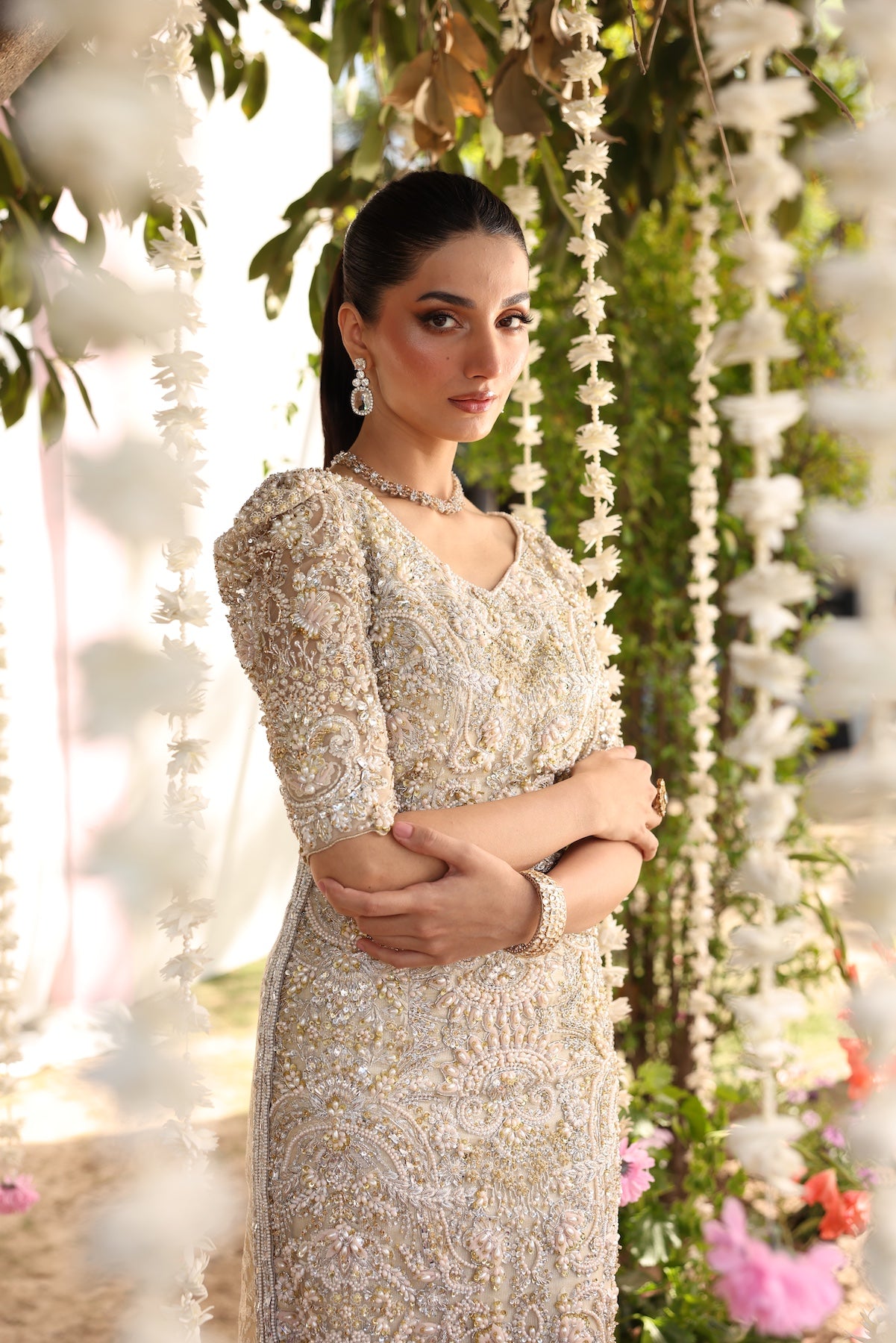 Pakistani Beige Embroidered Organza Gown (3-Piece) - Image 5
