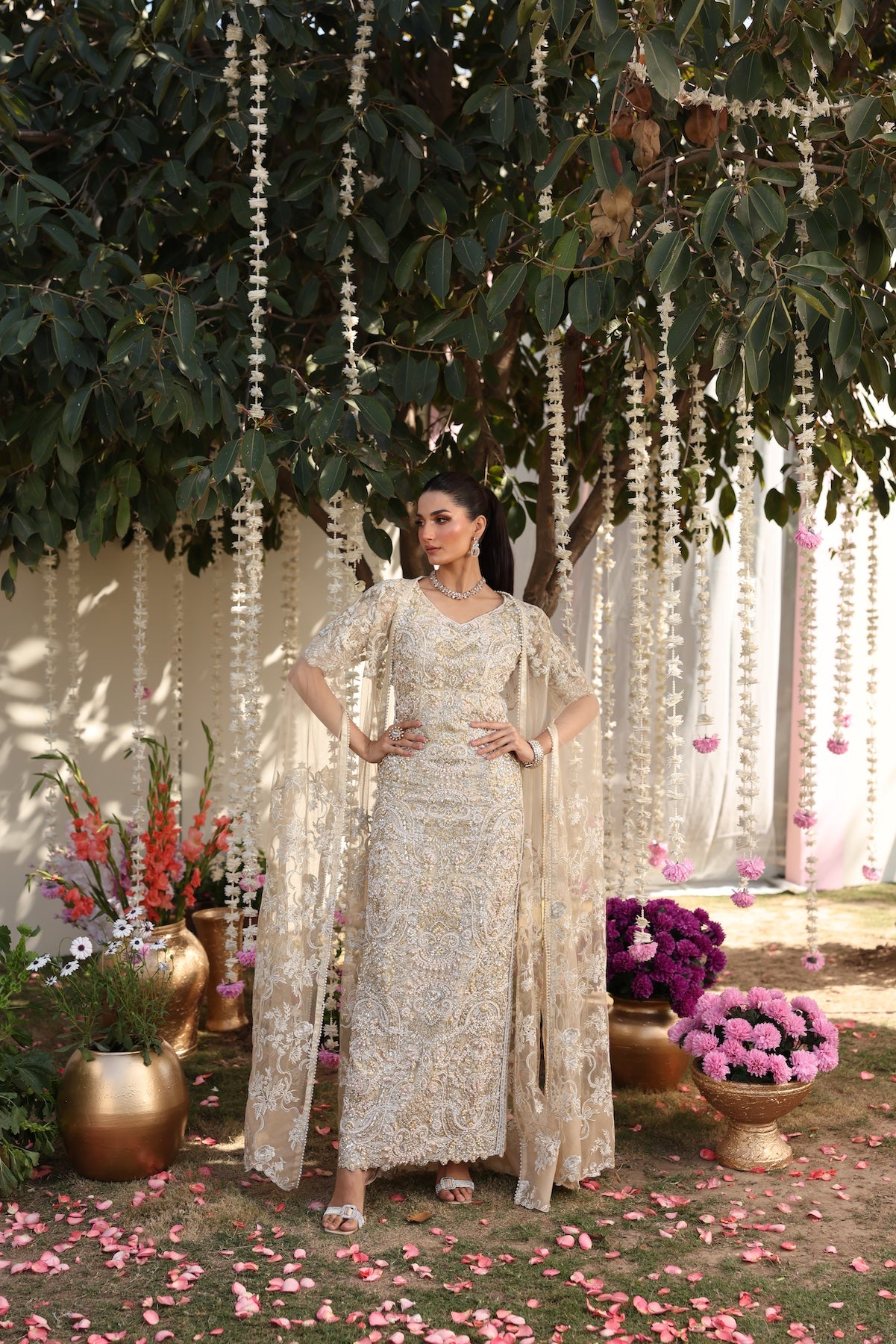 Pakistani Beige Embroidered Organza Gown (3-Piece) - Image 6