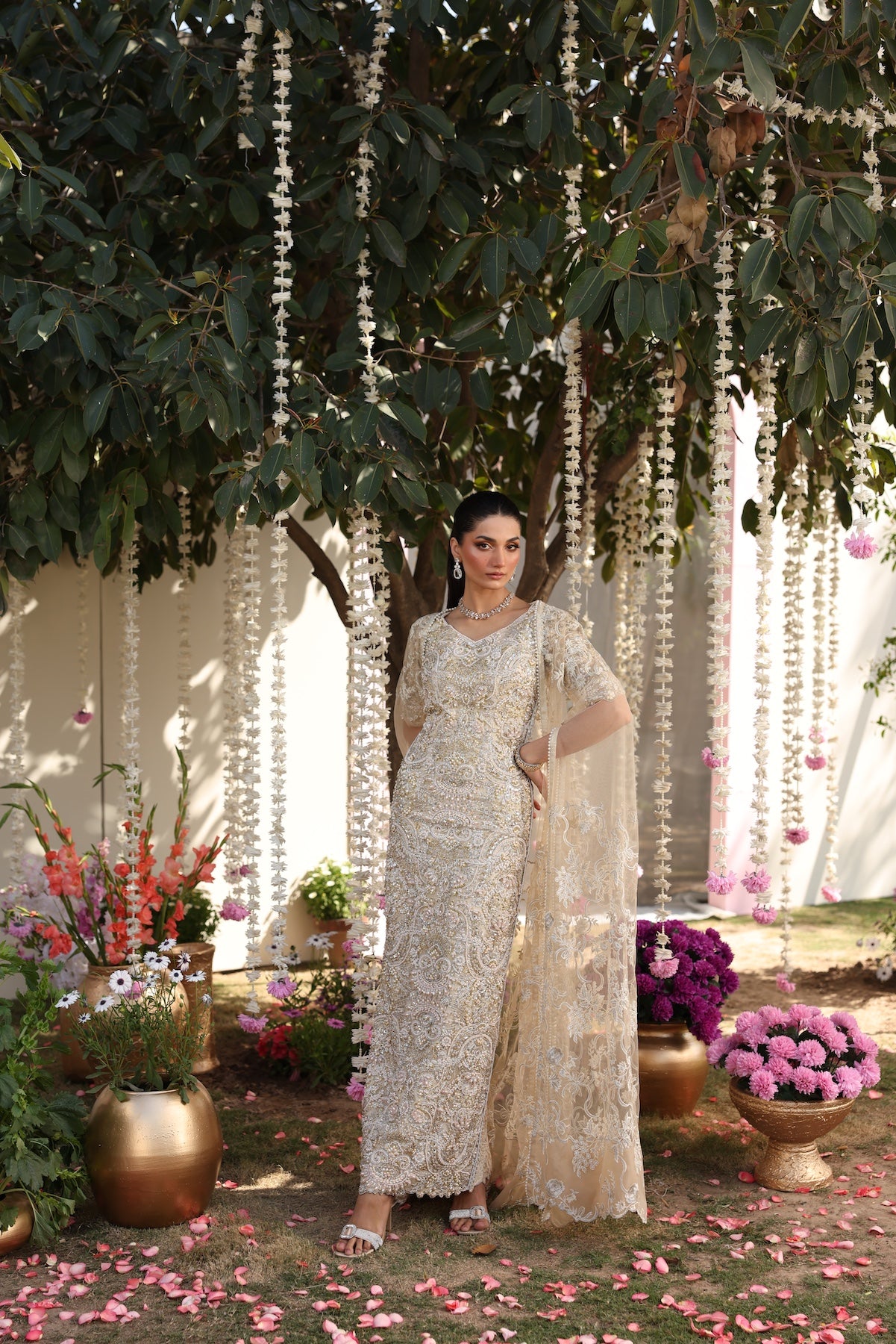 Pakistani Beige Embroidered Organza Gown (3-Piece) - Image 7
