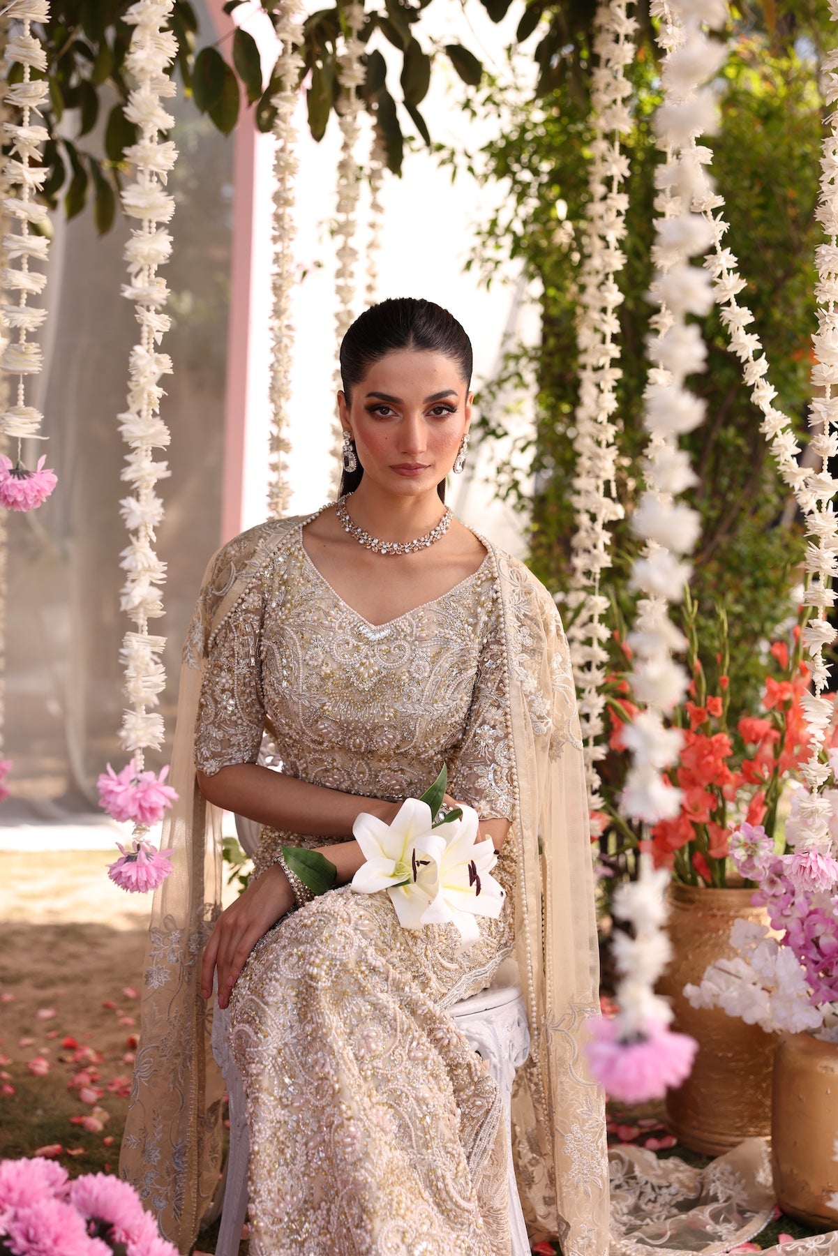 Pakistani Beige Embroidered Organza Gown (3-Piece) - Image 8