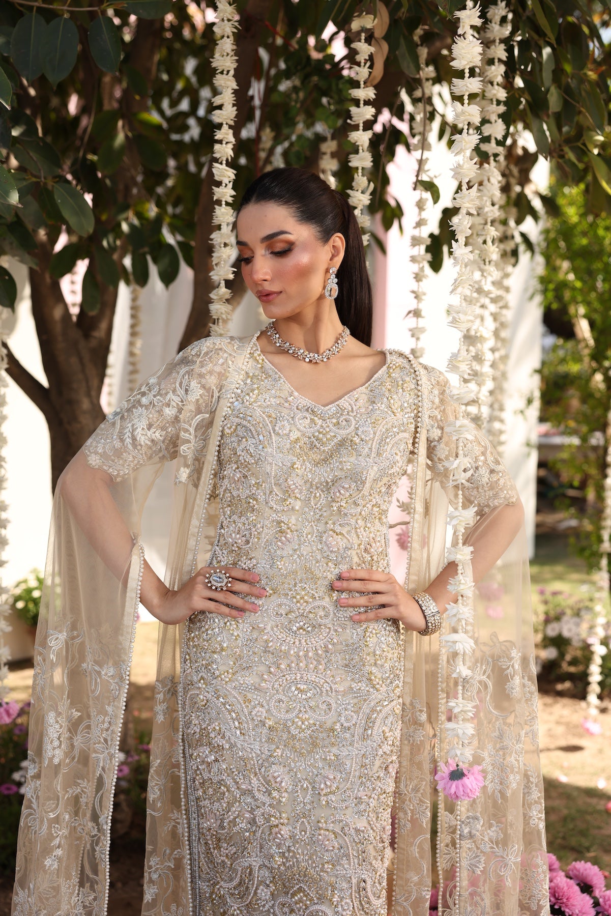 Pakistani Beige Embroidered Organza Gown (3-Piece) - Image 9