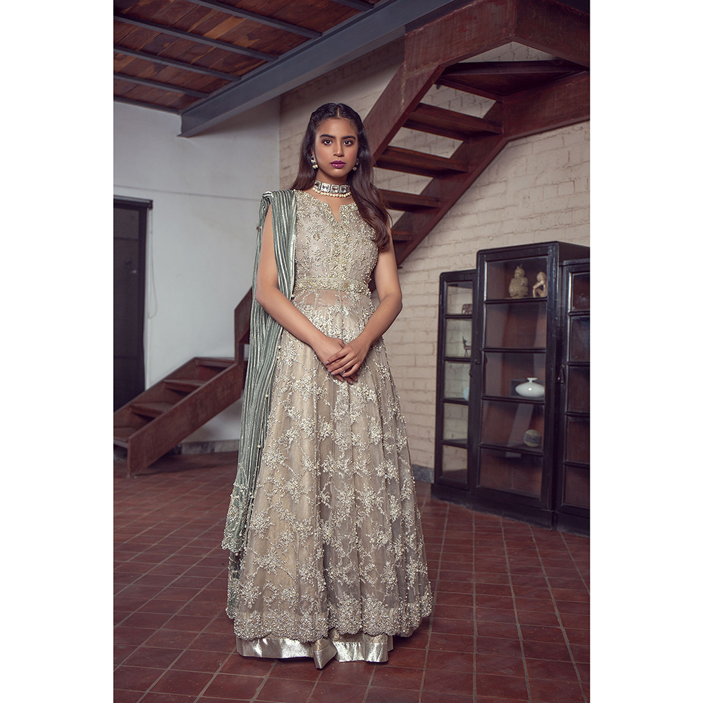 Pakistani Earthy Swarovski & Pearl Organza Brocade Gown (2-Piece) - Image 1