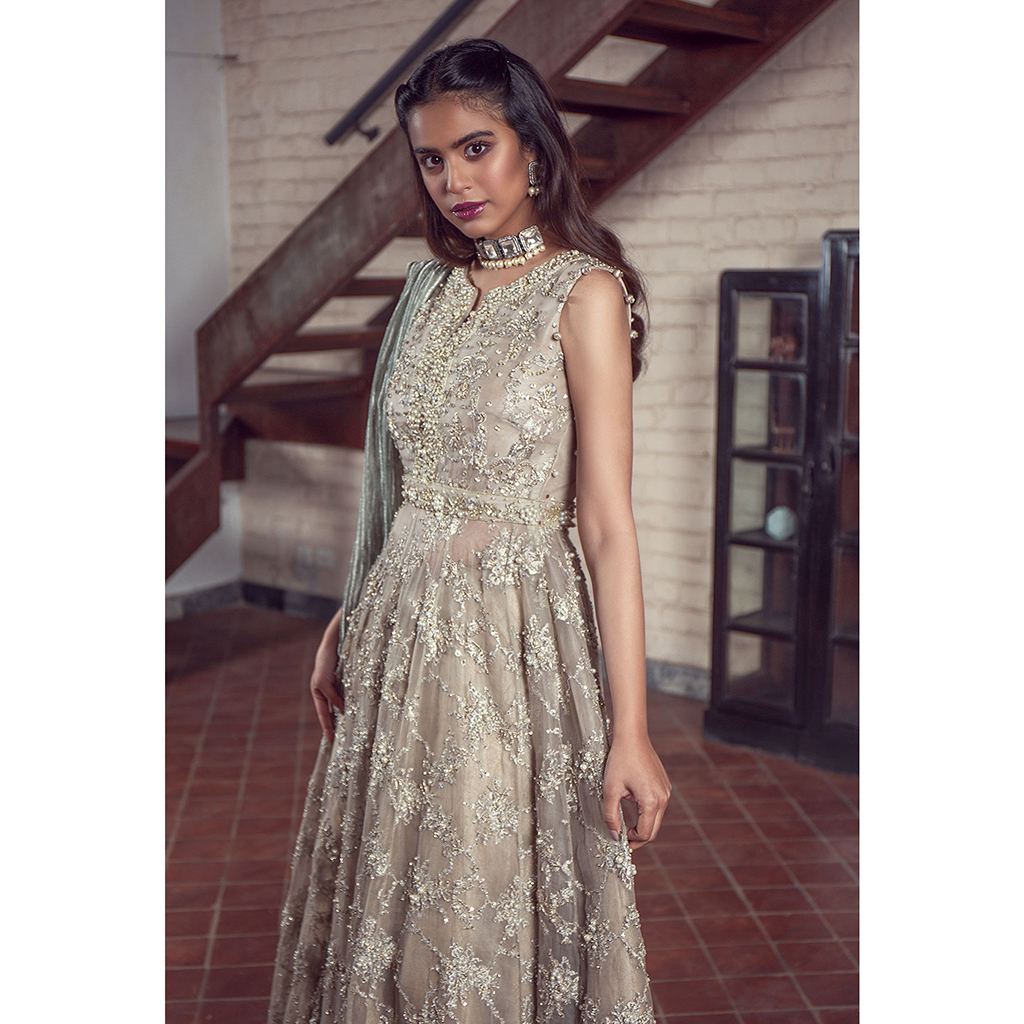 Pakistani Earthy Swarovski & Pearl Organza Brocade Gown (2-Piece) - Image 3