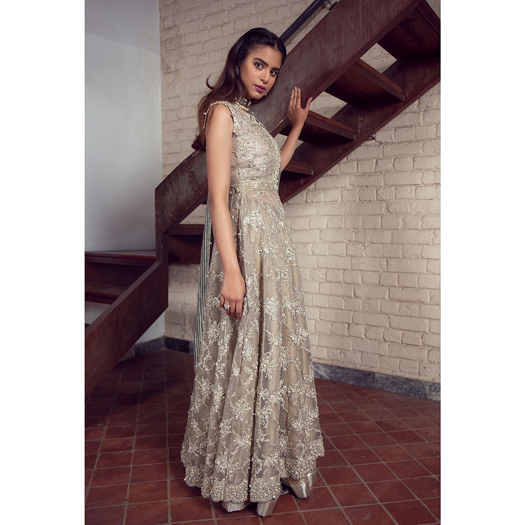 Pakistani Earthy Swarovski & Pearl Organza Brocade Gown (2-Piece) - Image 4