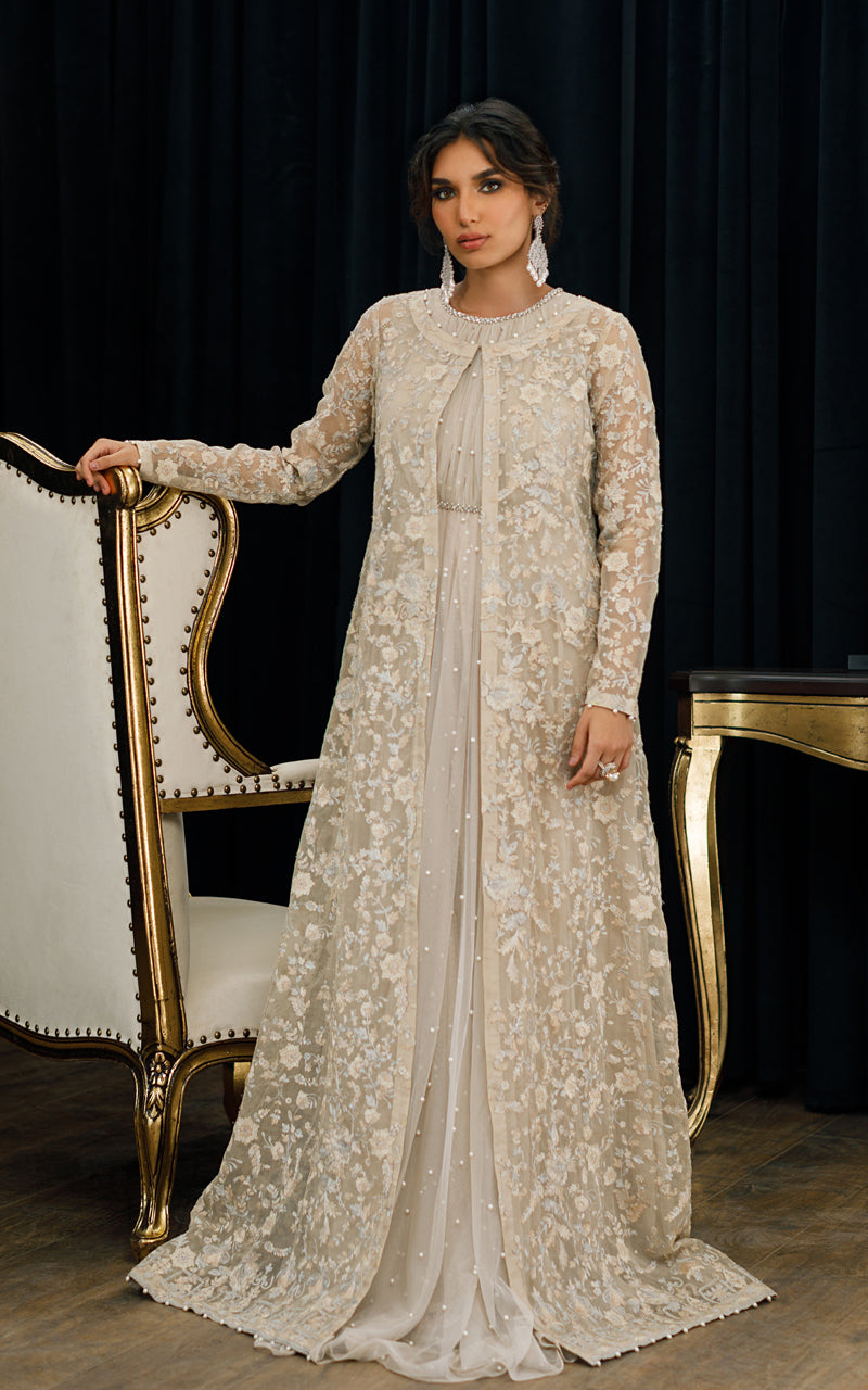 Pakistani Beige Embroidered Organza Jacket with Pearl Maxi (2-Piece) - Image 1