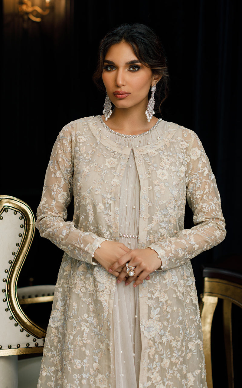 Pakistani Beige Embroidered Organza Jacket with Pearl Maxi (2-Piece) - Image 3