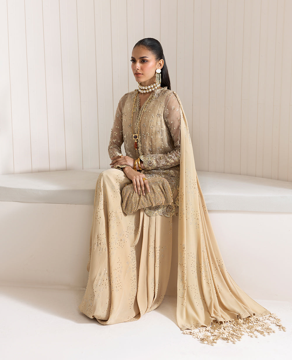 Beige Embellished Organza Jacket Gown (3-Piece) - Image 4