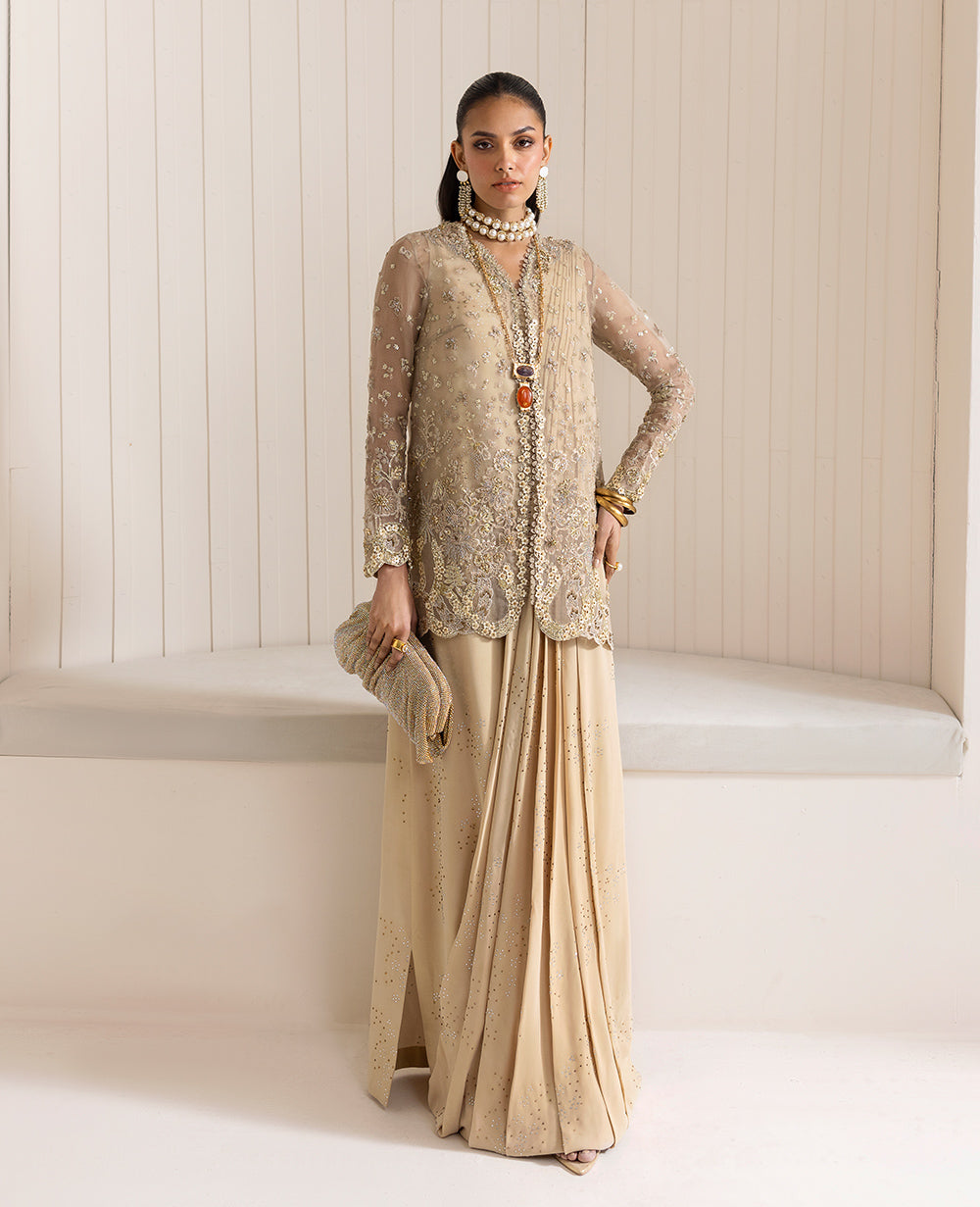 Pakistani Beige Embellished Organza & Grip Gown (3-Piece) - Image 2