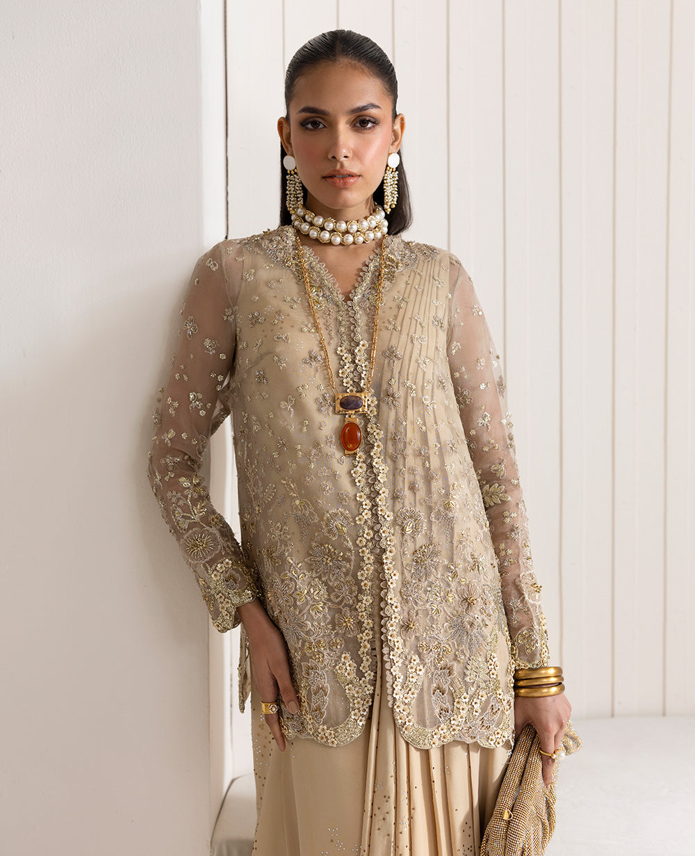 Pakistani Beige Embellished Organza & Grip Gown (3-Piece) - Image 3