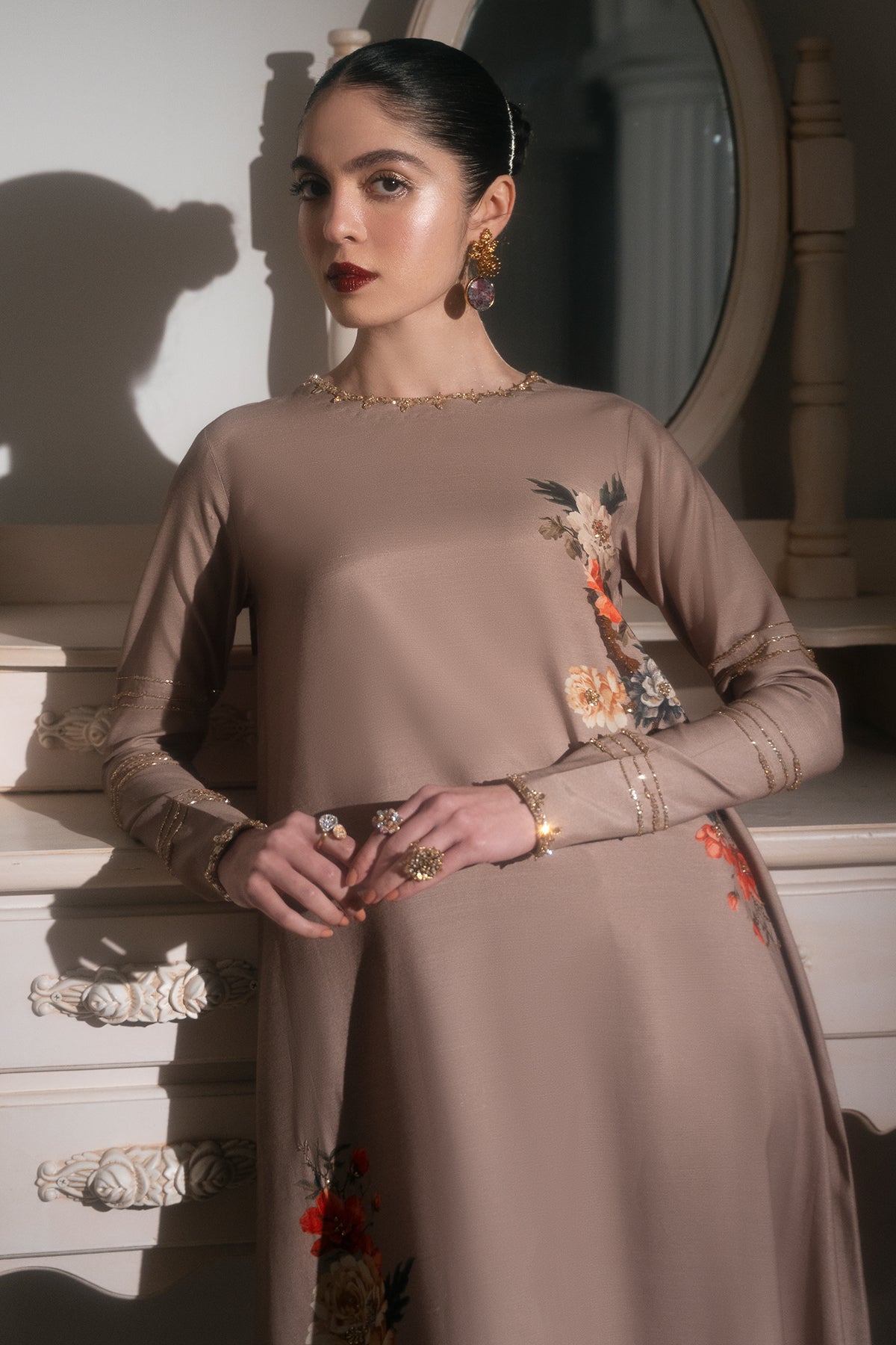 Beige Embellished Printed Raw Silk Gown (1-Pc) - Image 4