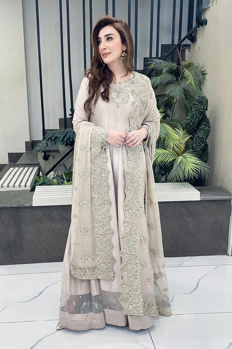 Pakistani Soft Beige Embroidered Pure Raw Silk Gown (2-Piece) - Image 1