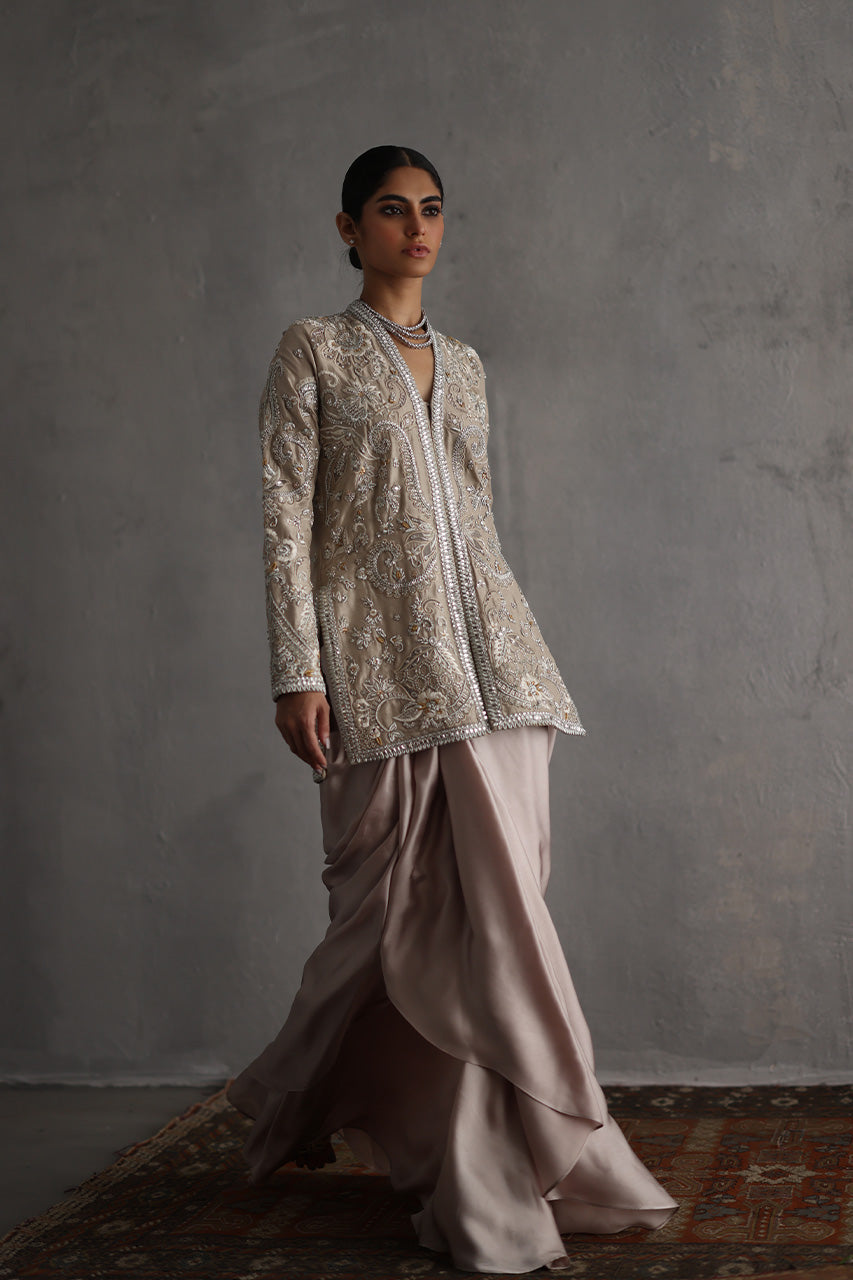 Beige Zardozi Raw Silk Jacket with Silk Drape Skirt (2-Piece) - Image 6