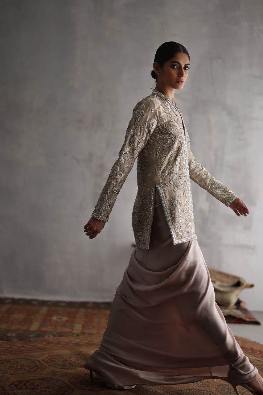 Beige Zardozi Raw Silk Jacket with Silk Drape Skirt (2-Piece) - Image 7