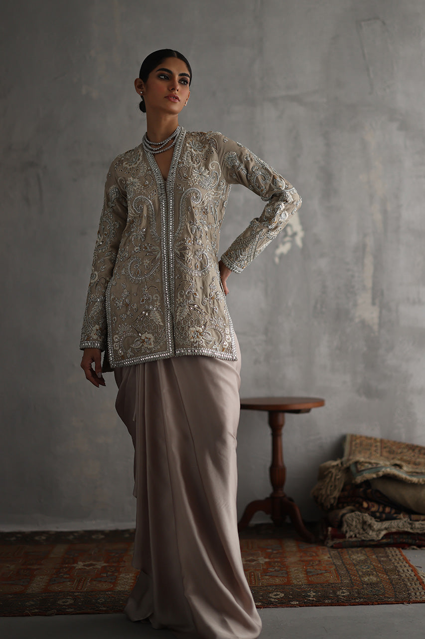 Pakistani Beige Zardozi Raw Silk Jacket Gown (2-Piece) - Image 1