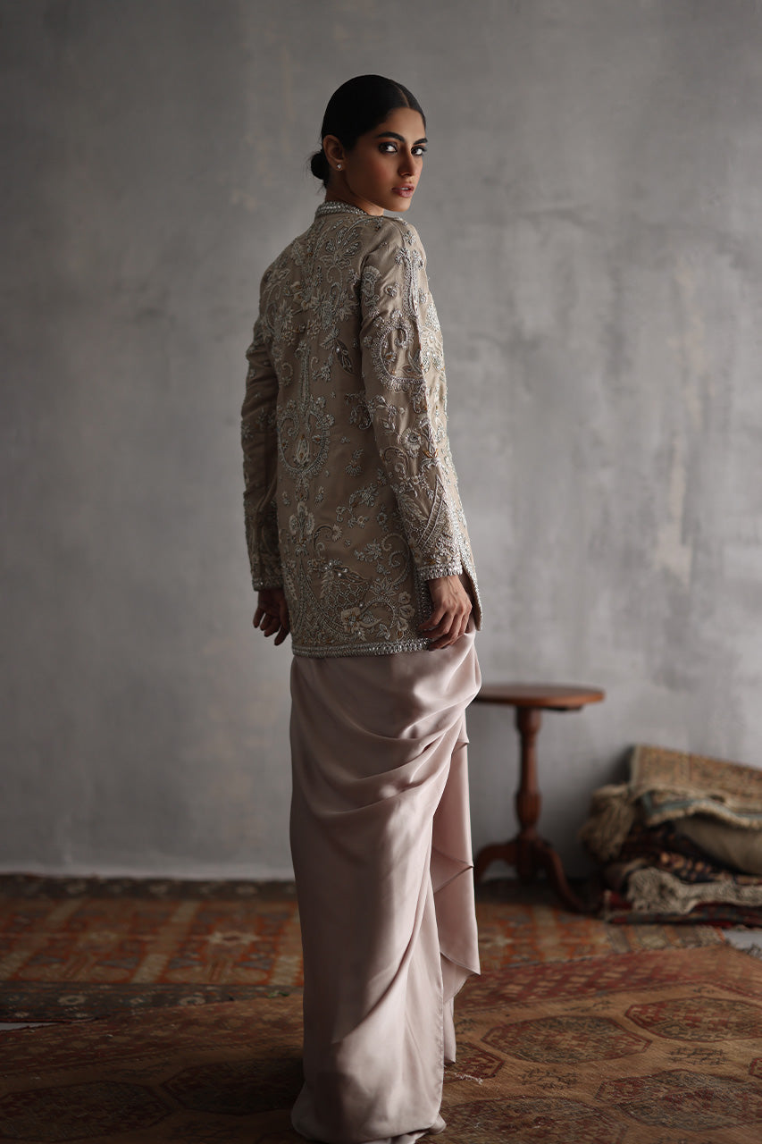 Pakistani Beige Zardozi Raw Silk Jacket Gown (2-Piece) - Image 3