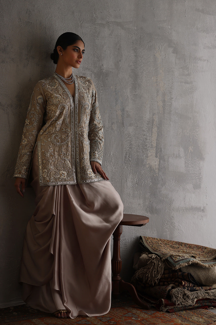 Pakistani Beige Zardozi Raw Silk Jacket Gown (2-Piece) - Image 5