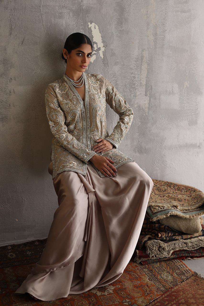 Pakistani Beige Zardozi Raw Silk Jacket Gown (2-Piece) - Image 7