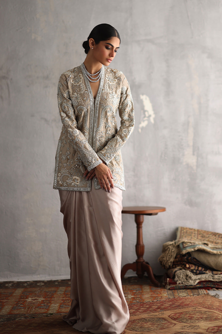 Pakistani Beige Zardozi Raw Silk Jacket Gown (2-Piece) - Image 8