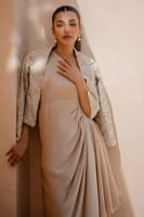 Taupe Embroidered Charmeuse Silk Draped Gown (2-Piece) - Image 3