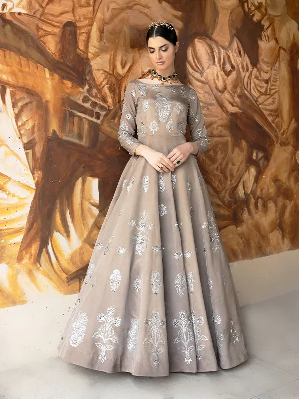 Taupe Hand Embellished Silk Gown (1-Pc) - Image 1