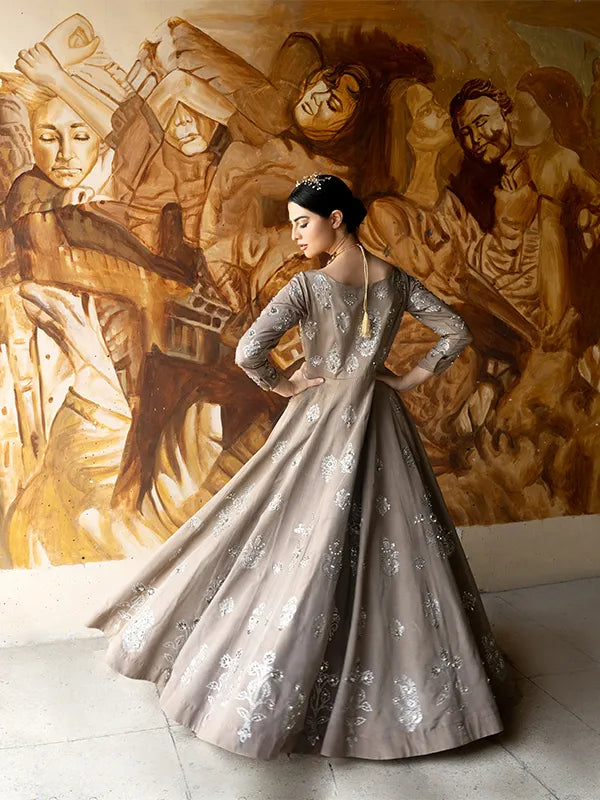 Taupe Hand Embellished Silk Gown (1-Pc) - Image 2
