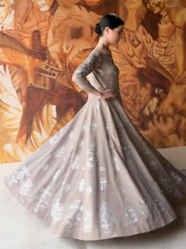Taupe Hand Embellished Silk Gown (1-Pc) - Image 3
