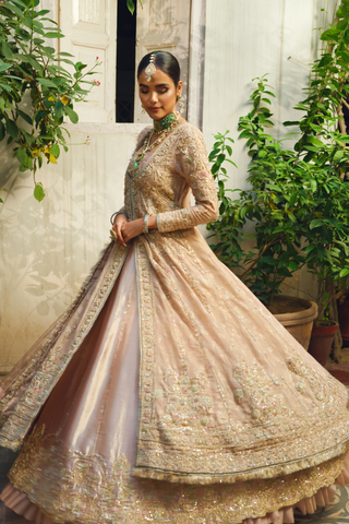 Beige Copper-Gold Embroidered Net Silk Bridal Gown (2-Piece) - Image 2