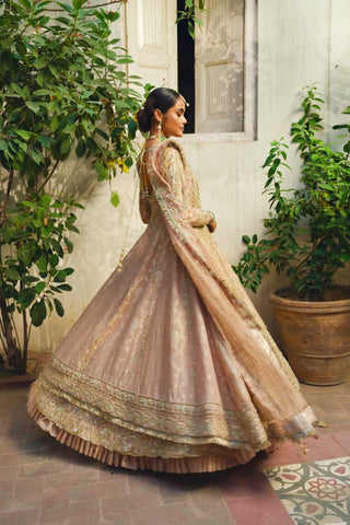 Beige Copper-Gold Embroidered Net Silk Bridal Gown (2-Piece) - Image 3