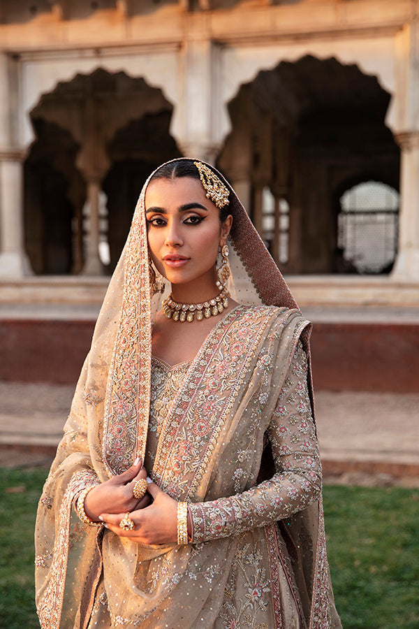 Pakistani Champagne Beige Embellished Net Silk Bridal Gown (2-Piece) - Image 1