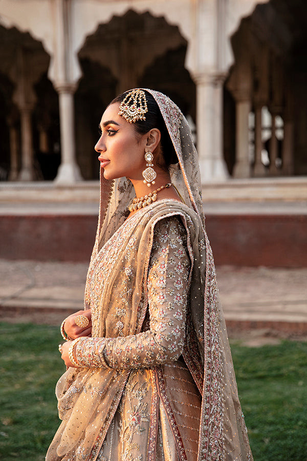 Pakistani Champagne Beige Embellished Net Silk Bridal Gown (2-Piece) - Image 5