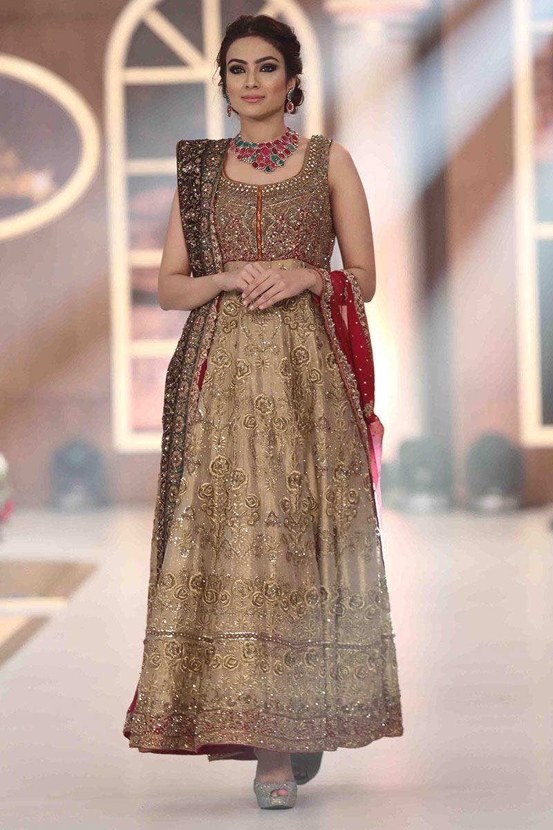 Pakistani Beige and Red Embroidered Tissue Bridal Gown (2-Piece) - Image 1