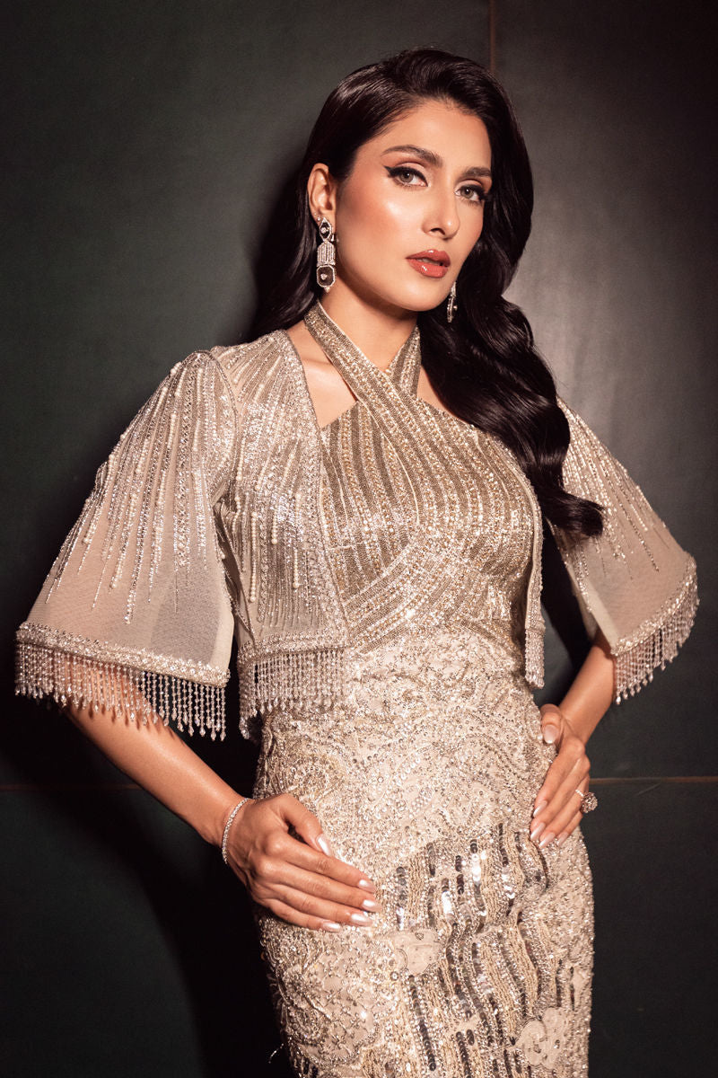 Beige Crystal & Pearl French Tulle Halter Gown (1-Pc) - Image 2