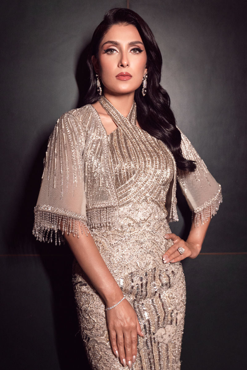 Beige Crystal & Pearl French Tulle Halter Gown (1-Pc) - Image 4