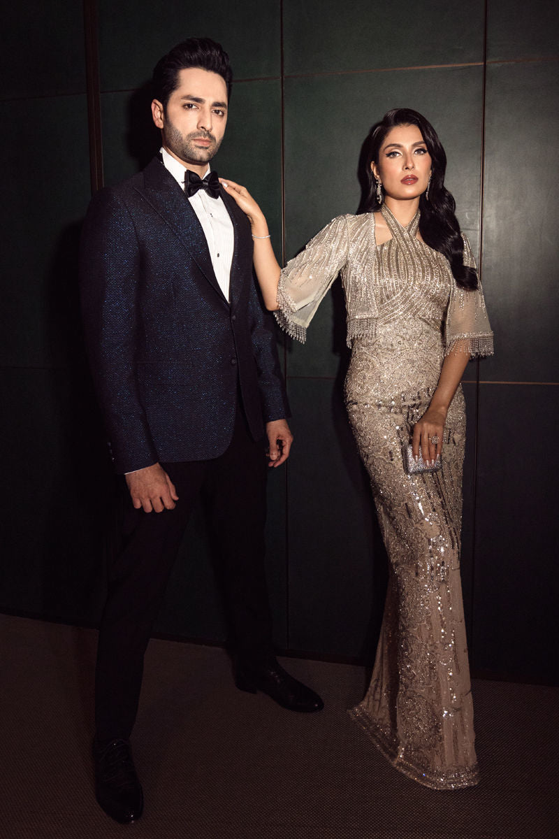 Beige Crystal & Pearl French Tulle Halter Gown (1-Pc) - Image 7