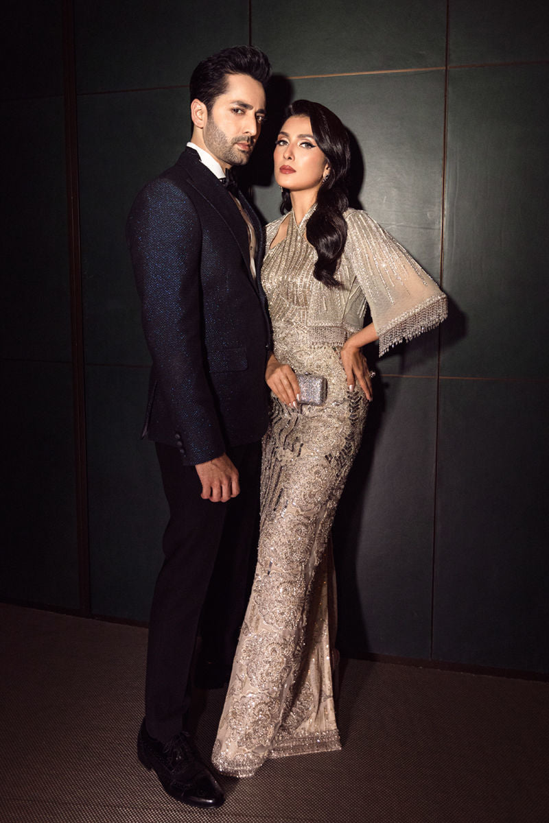 Beige Crystal & Pearl French Tulle Halter Gown (1-Pc) - Image 9