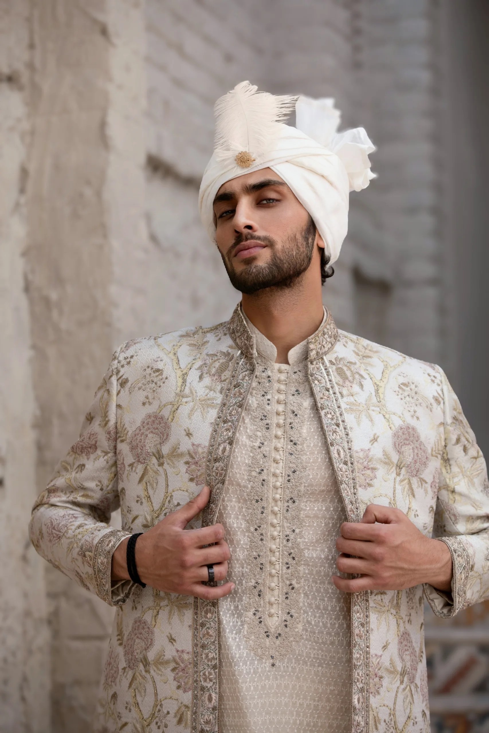 Beige Embroidered Brocade Groom Sherwani (3-Piece) - Image 1