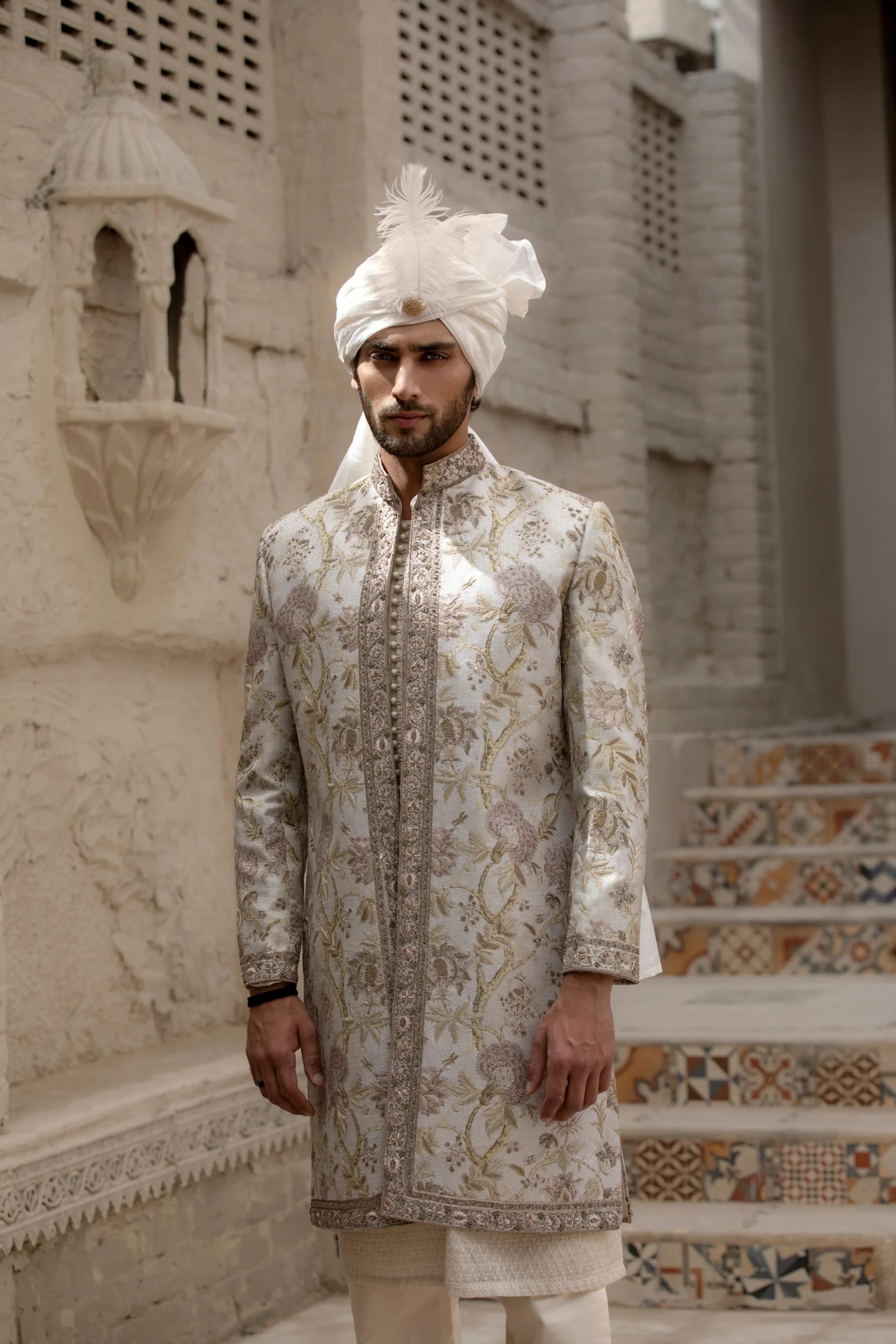 Beige Embroidered Brocade Groom Sherwani (3-Piece) - Image 10