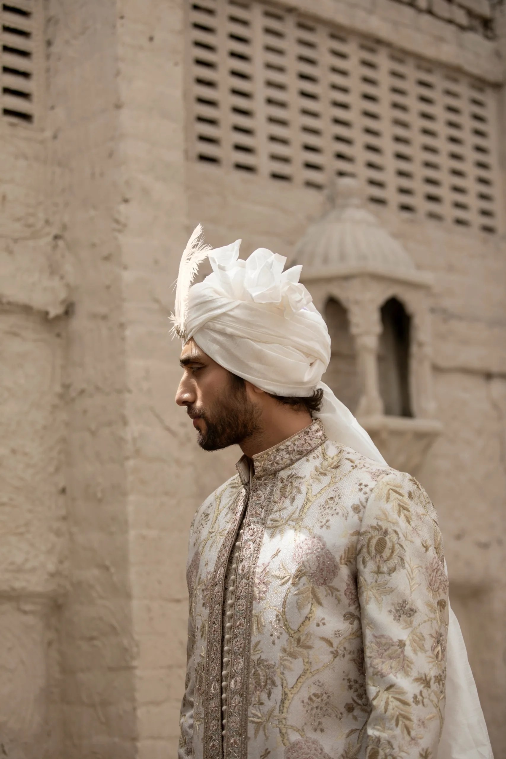 Beige Embroidered Brocade Groom Sherwani (3-Piece) - Image 11