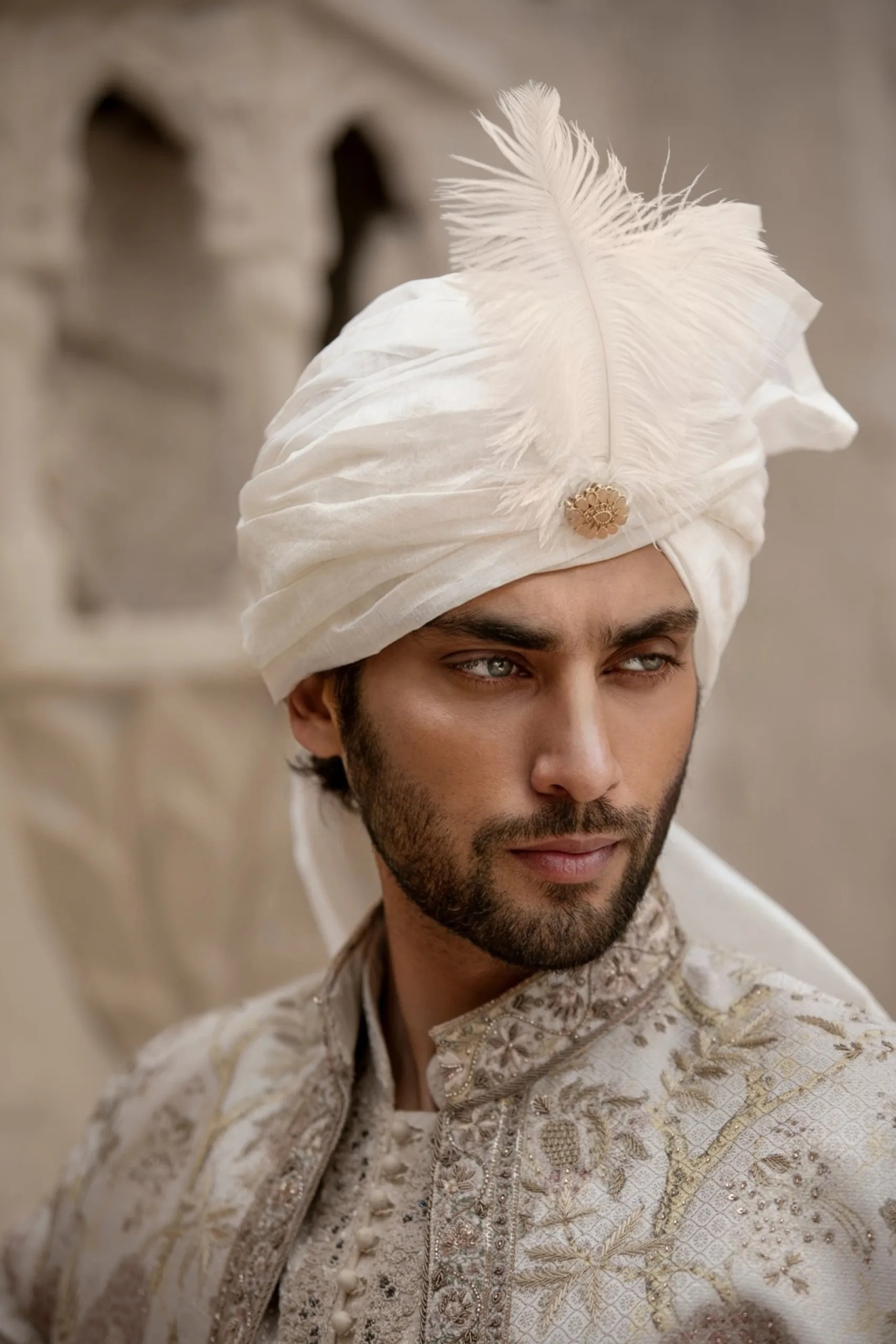 Beige Embroidered Brocade Groom Sherwani (3-Piece) - Image 2